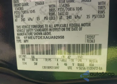 2010 Ford Explorer Xlt из США, поврежденный, VIN 1FMEU7DEXAUA92958